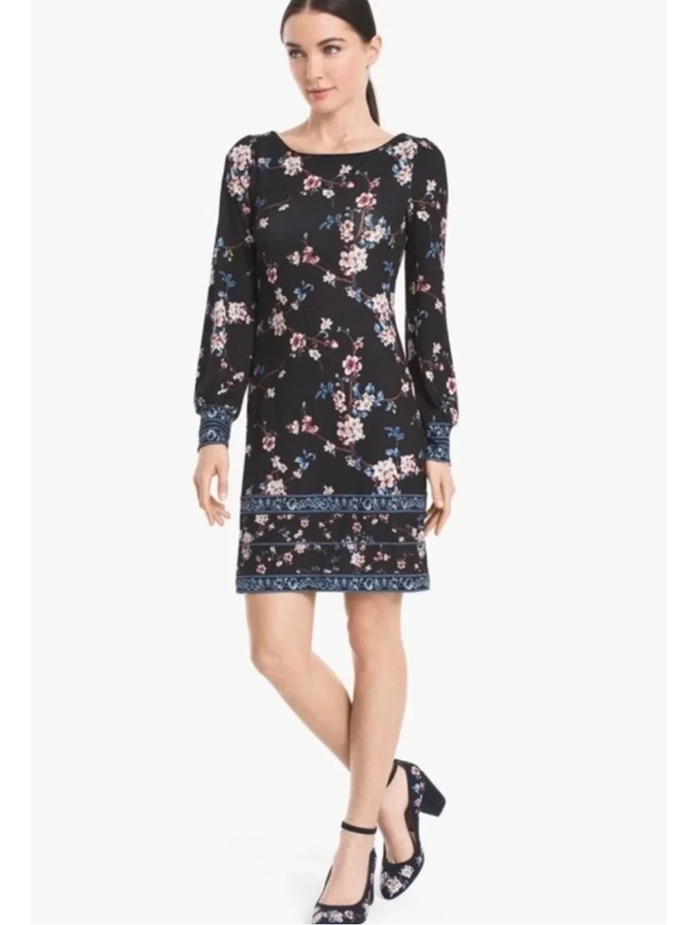 White House Black Market Long Sleeve Cherry Blossom Chemise Shift Dress Size S